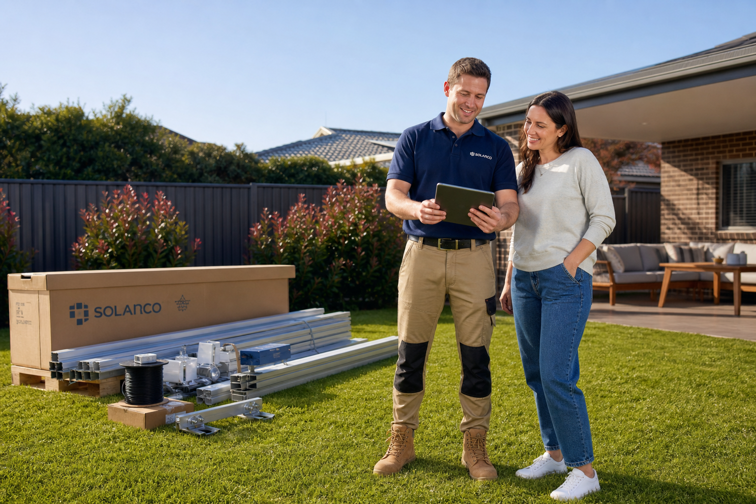 A wideangle authentic lifestyle photograph of an installer and a homeowner standing together in a spacious backyard reviewing a digital quote The back