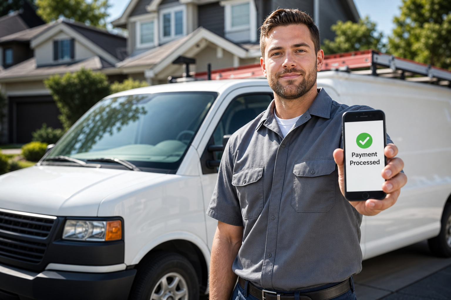 Confident Tradesperson with Payment Processed Notification